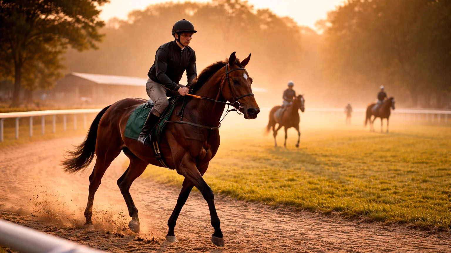 Pferde im Training auf einer Rennbahn am frühen Morgen