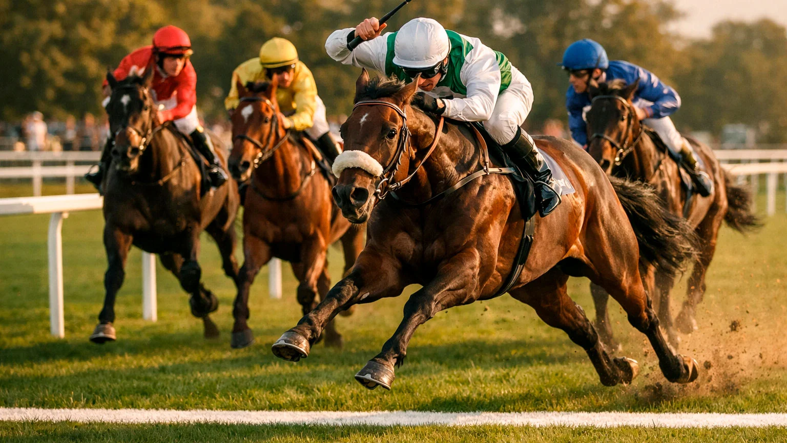 Rennpferd mit hoher Startnummer überholt das Feld kurz vor der Ziellinie auf einer Rennbahn