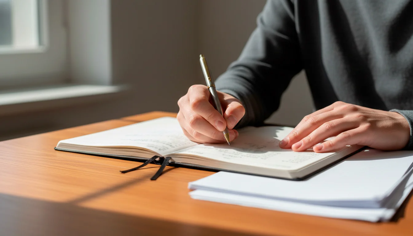 Person notiert Wetteinsätze in ein geöffnetes Notizbuch neben einem Stift auf einem Holztisch