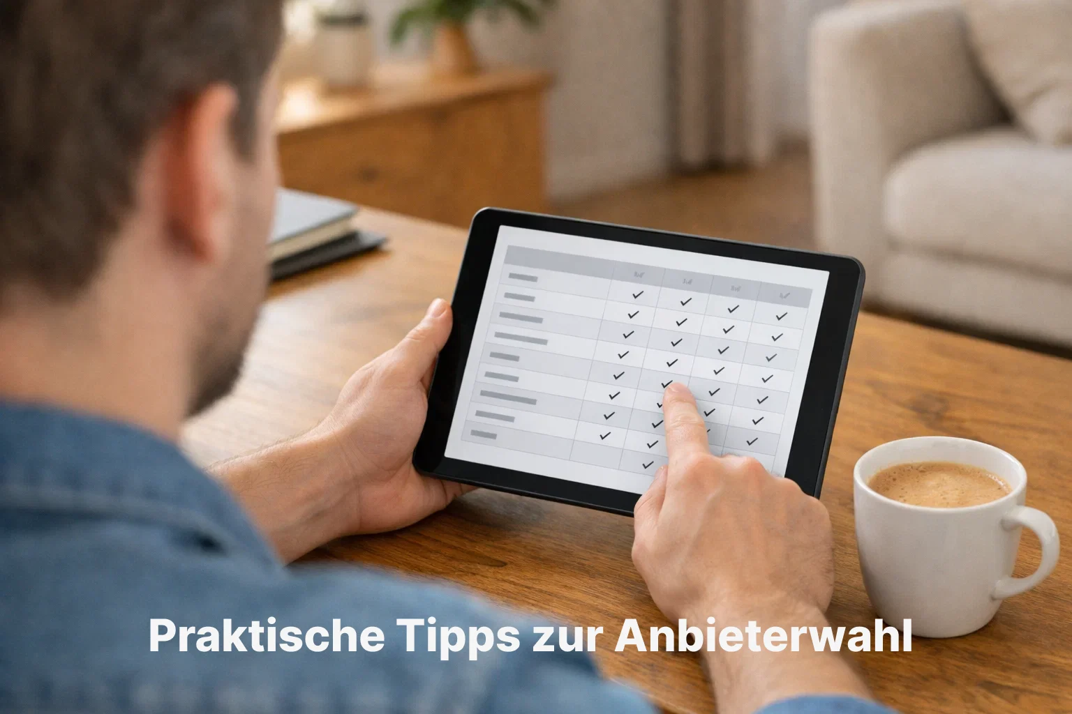 Person wählt Anbieter auf Tablet mit Checkliste