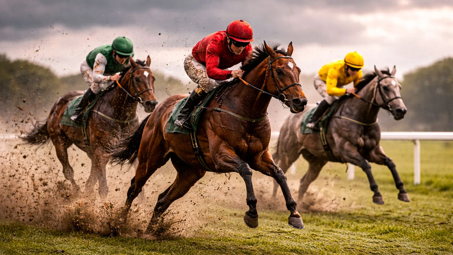 Rennpferde galoppieren auf aufgeweichtem Geläuf bei bedecktem Himmel, Grasnarbe spritzt hoch