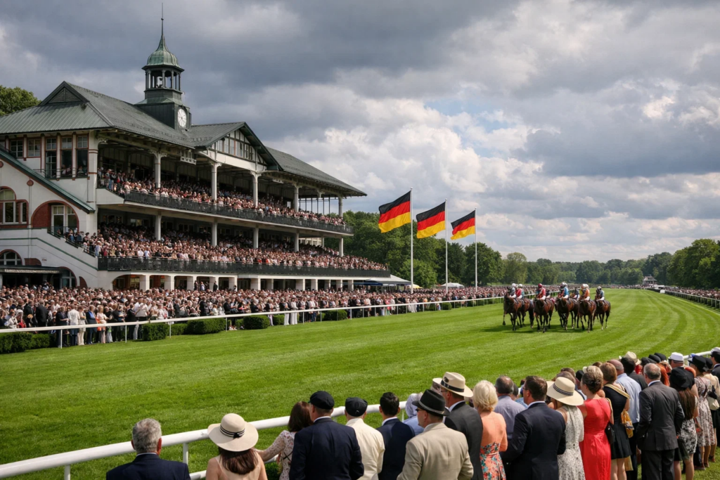 Deutsches Derby auf der Galopprennbahn Hamburg-Horn mit vollem Feld