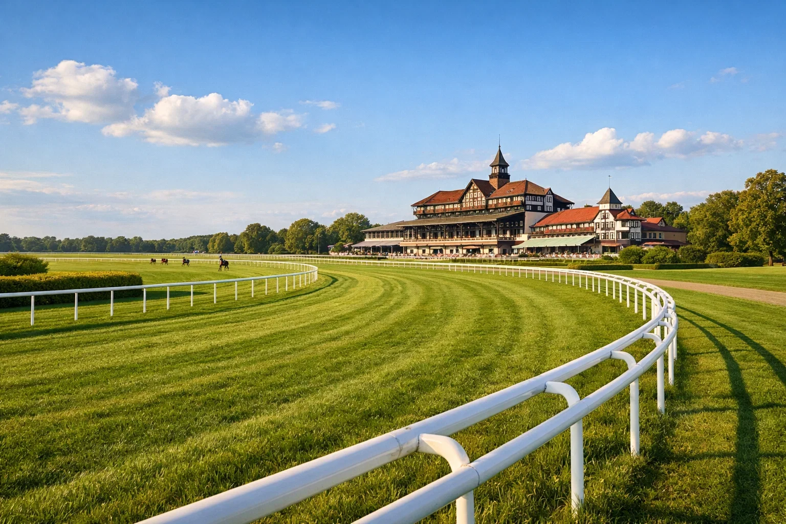 Panorama einer deutschen Galopprennbahn bei Sonnenschein