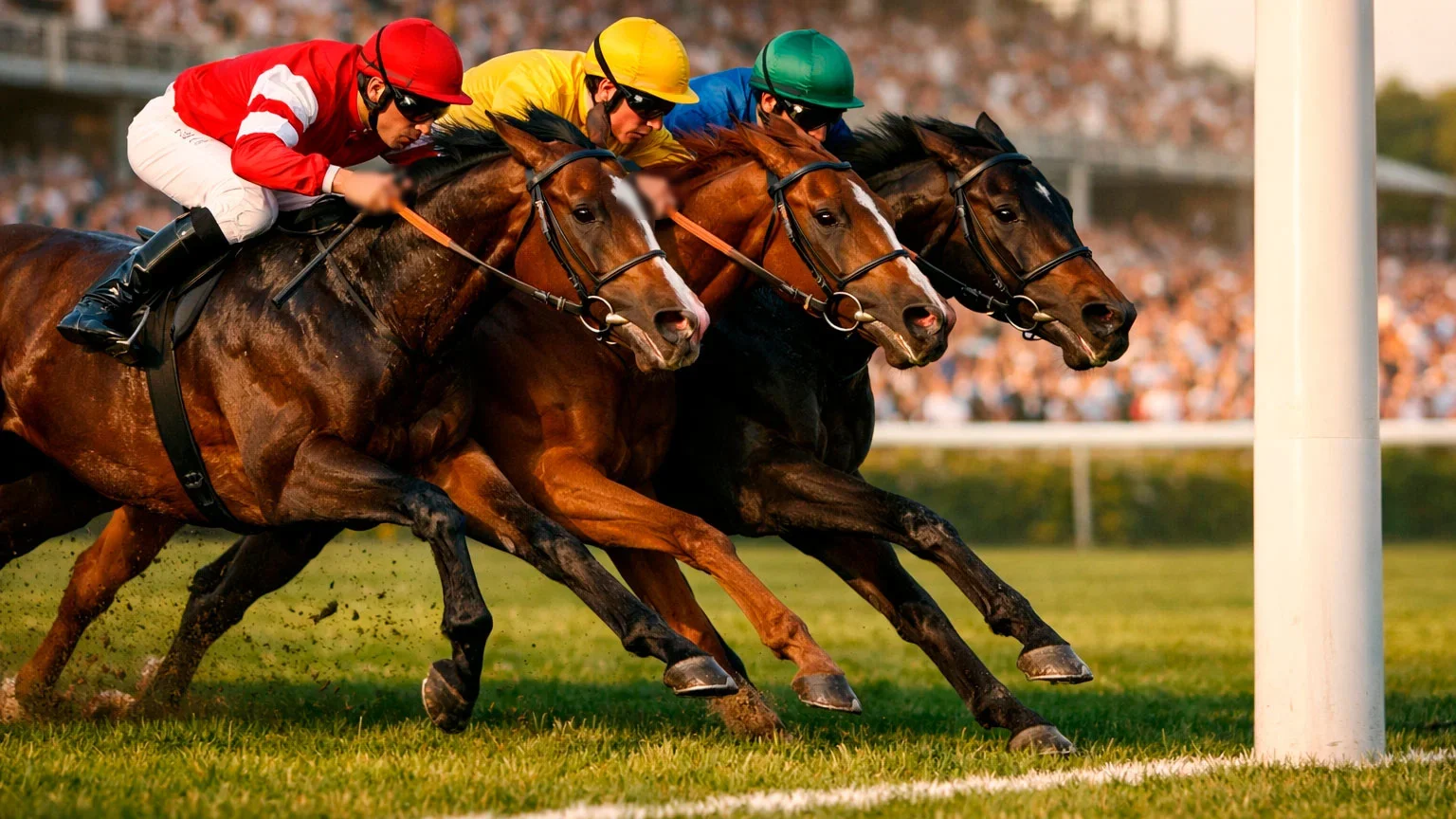 Rennpferde im Zieleinlauf beim Deutschen Derby auf der Rennbahn Hamburg-Horn