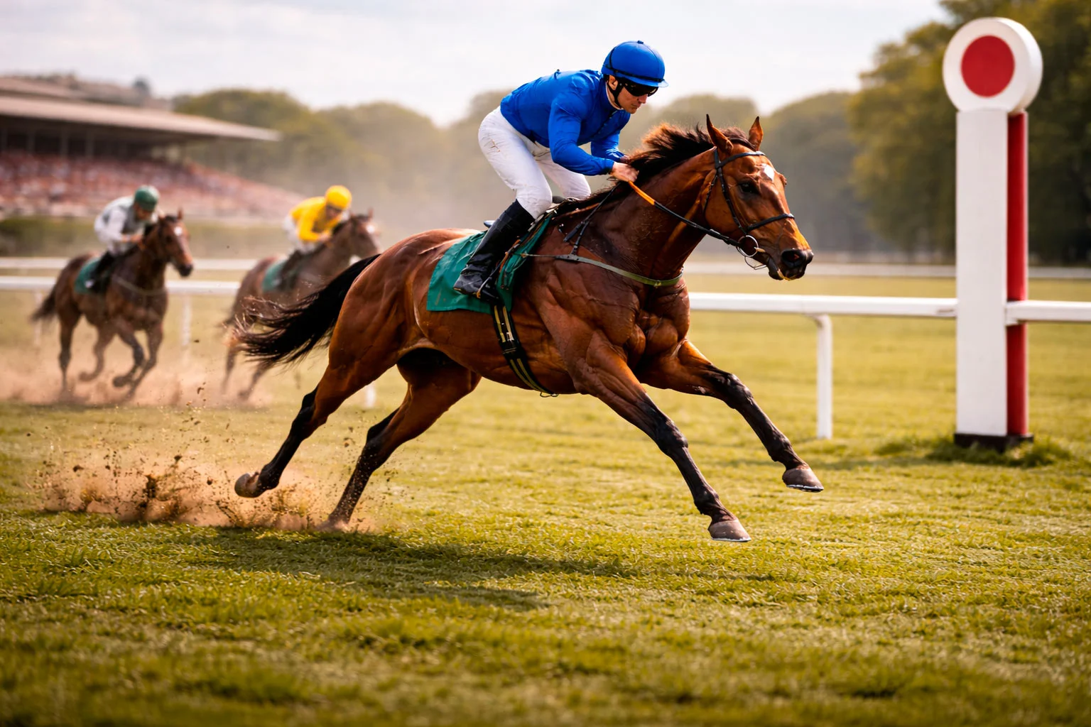 Führendes Rennpferd mit Jockey beim Zieleinlauf auf einer grünen Galoppbahn im Sonnenlicht
