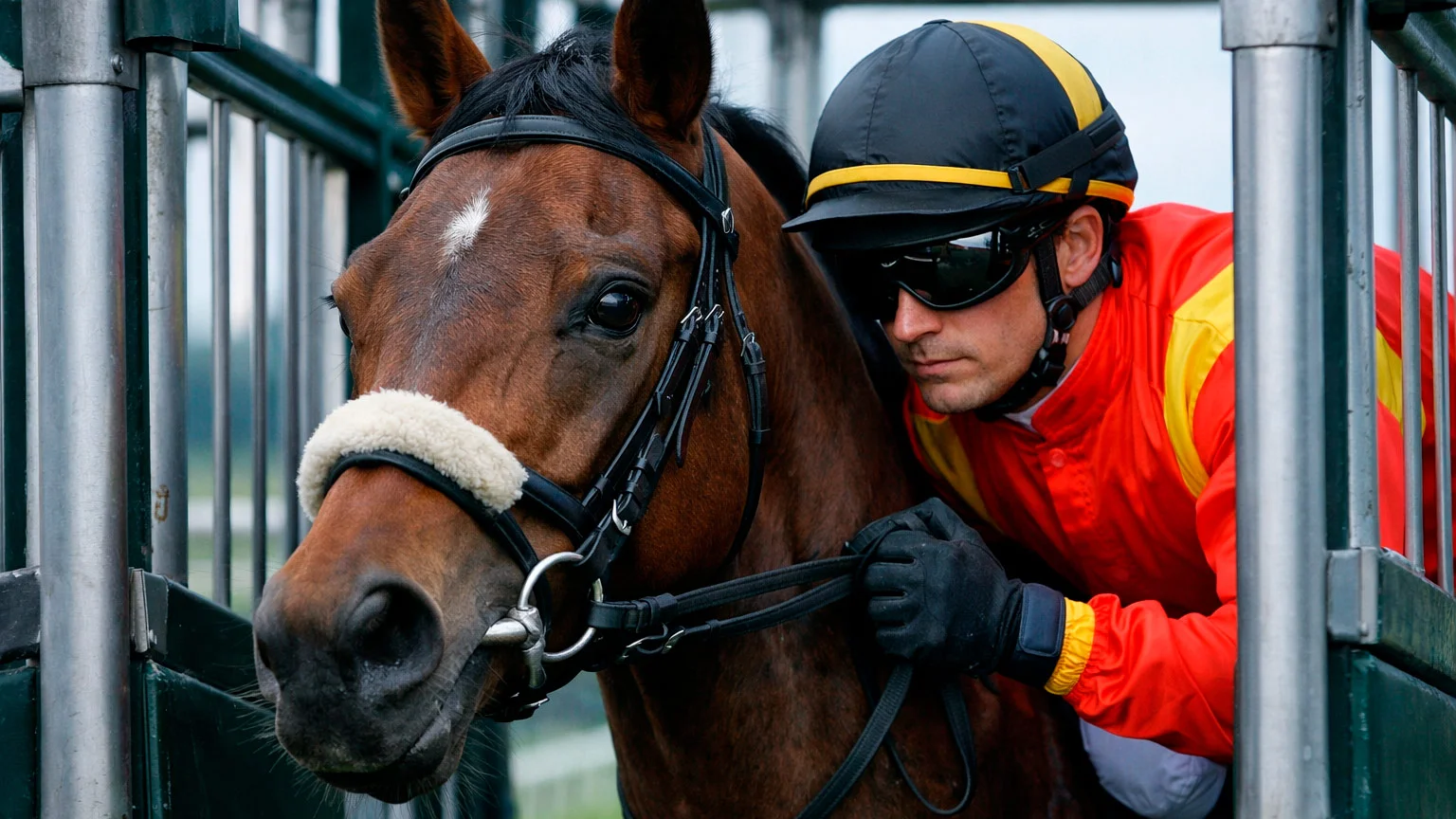 Nahaufnahme eines Rennpferdes mit Jockey kurz vor dem Start an der Startbox