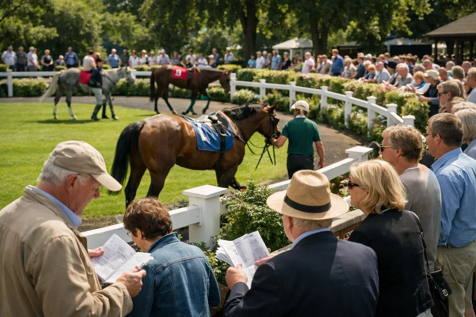 Besucher am Führring beobachten Rennpferde
