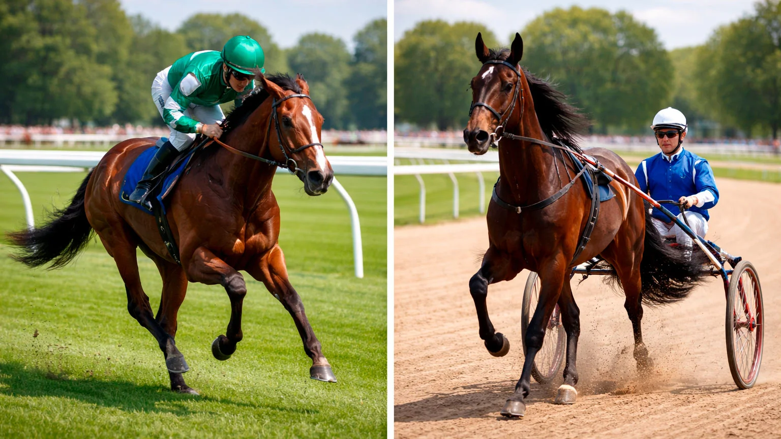Galopprennpferd mit Jockey und Trabpferd mit Sulky nebeneinander auf einer Rennbahn