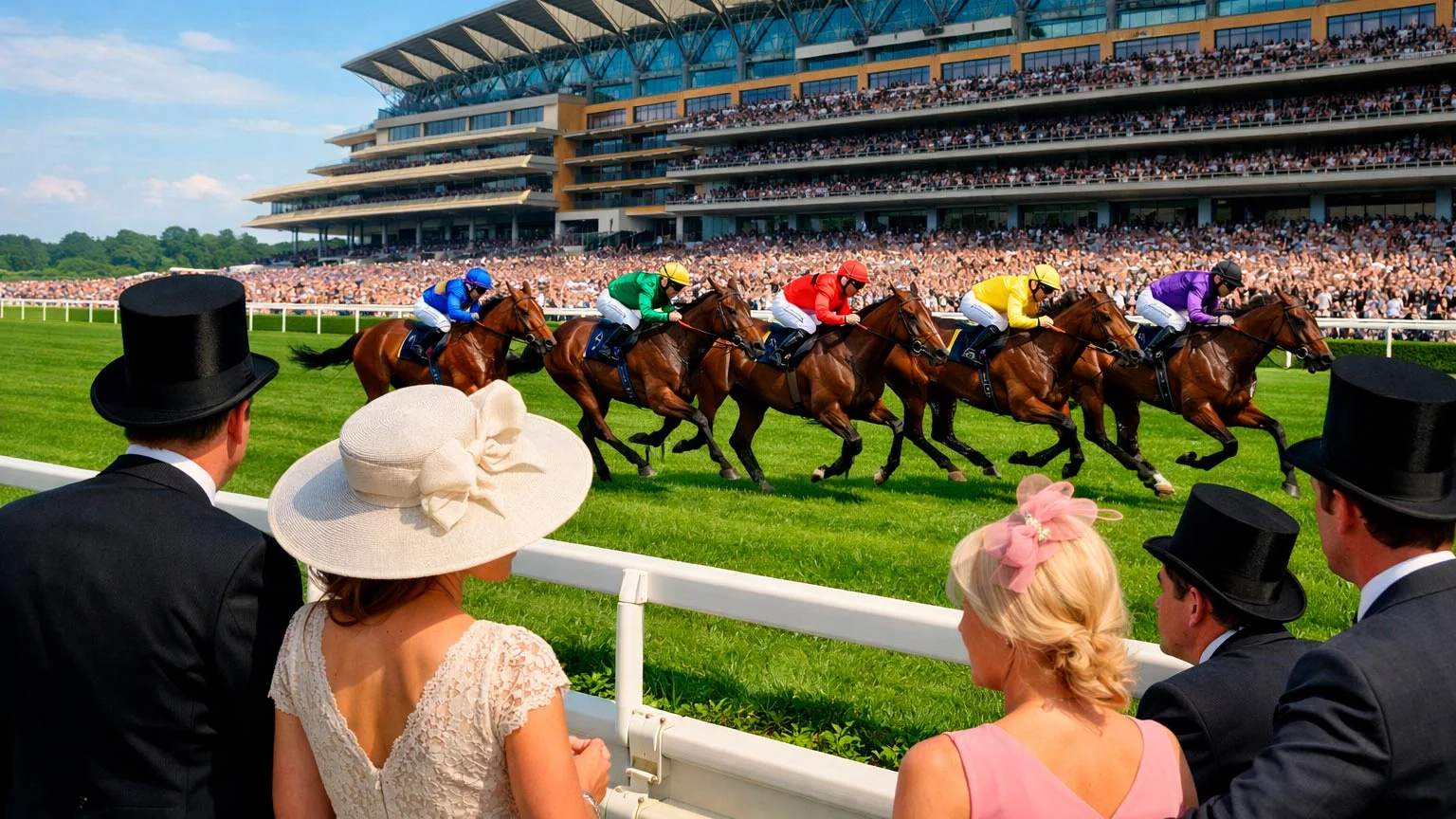 Elegante Zuschauer mit Hüten bei Royal Ascot beobachten ein Galopprennen