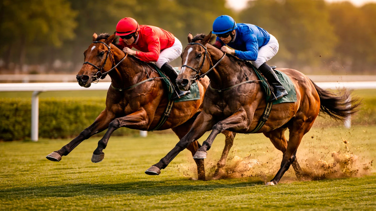 Zwei Pferde im direkten Duell nebeneinander auf der Rennbahn