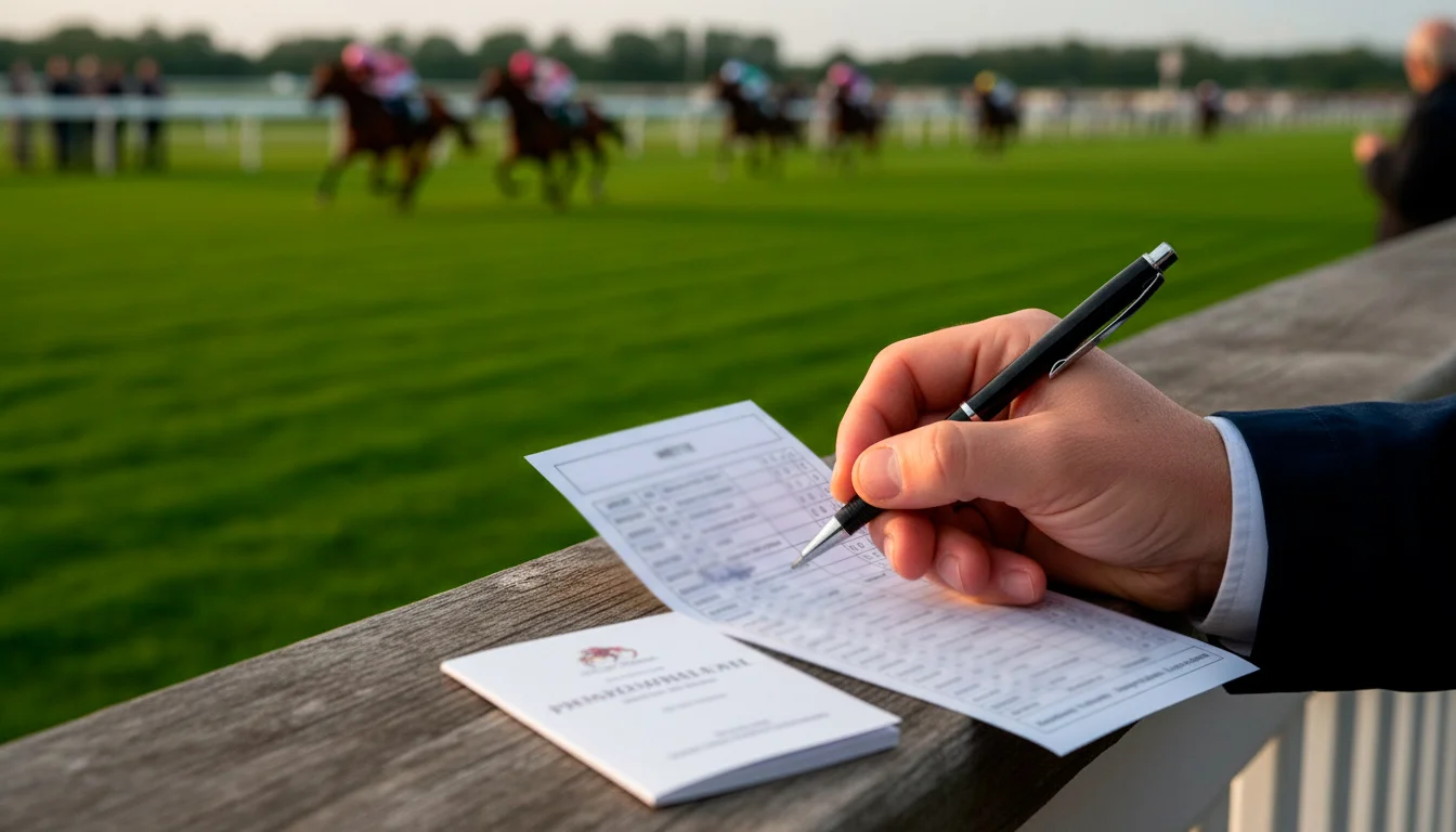 Wettschein und Kugelschreiber neben einer Pferderennbahn