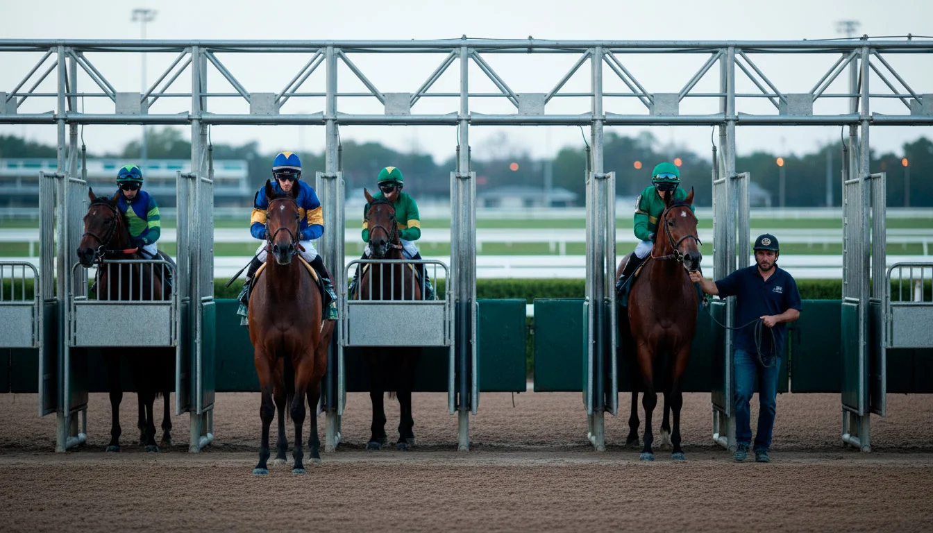 Startbox-Szene beim Pferderennen, Jockeys und Pferde in angespannter Erwartung kurz vor dem Start