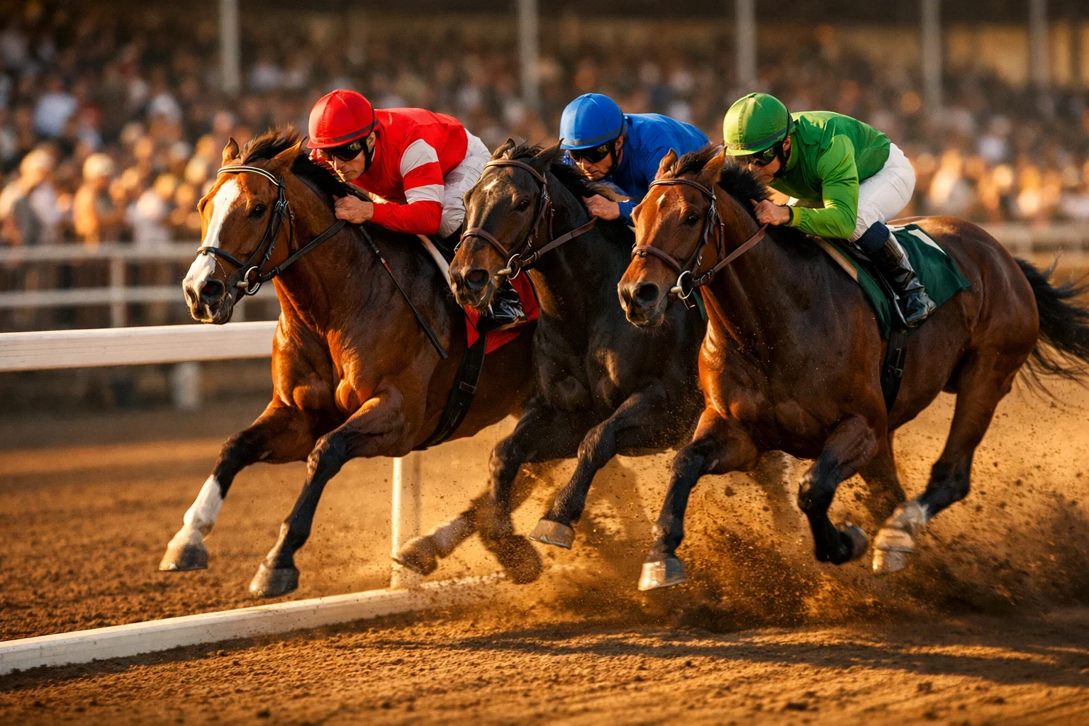Pferderennen mit Jockeys im Zieleinlauf