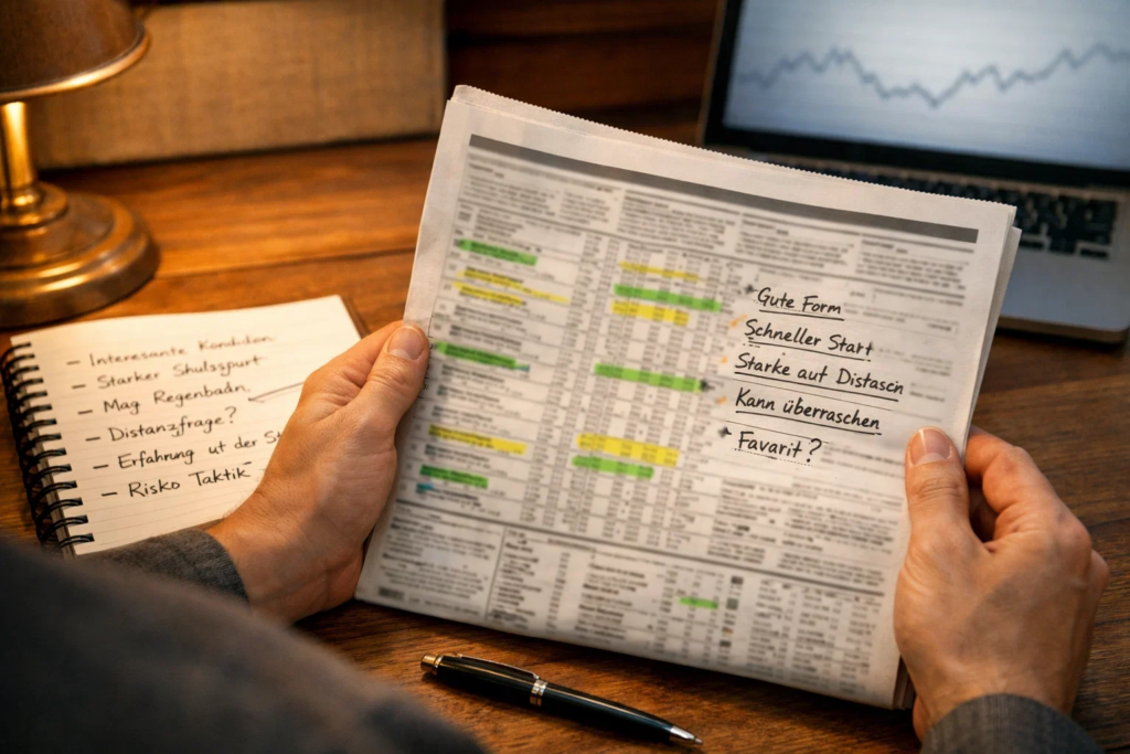 Wetter studiert Rennprogramm und Formblätter vor dem Rennen