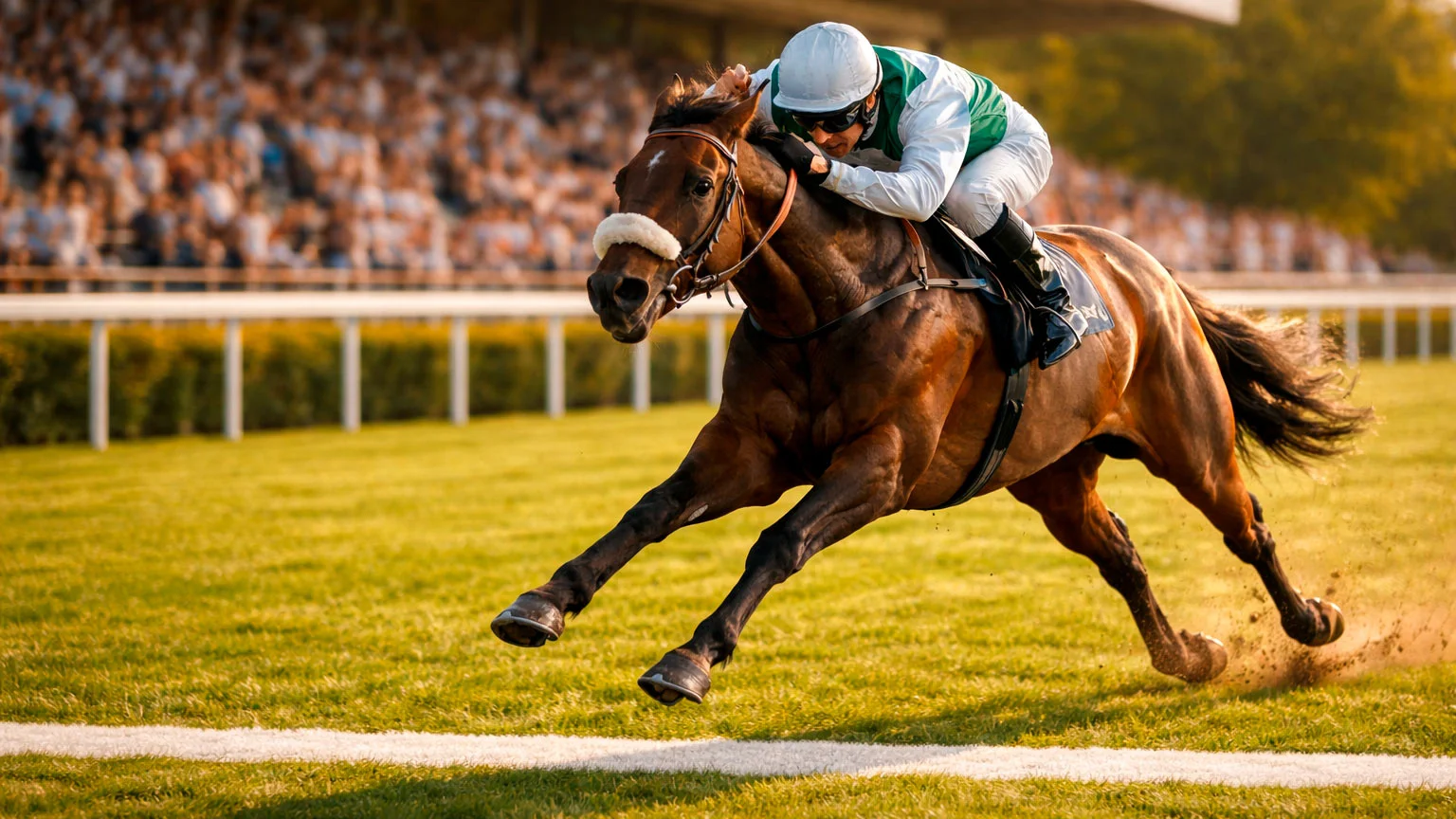 Rennpferd galoppiert über die Ziellinie einer grünen Rennbahn bei Sonnenschein