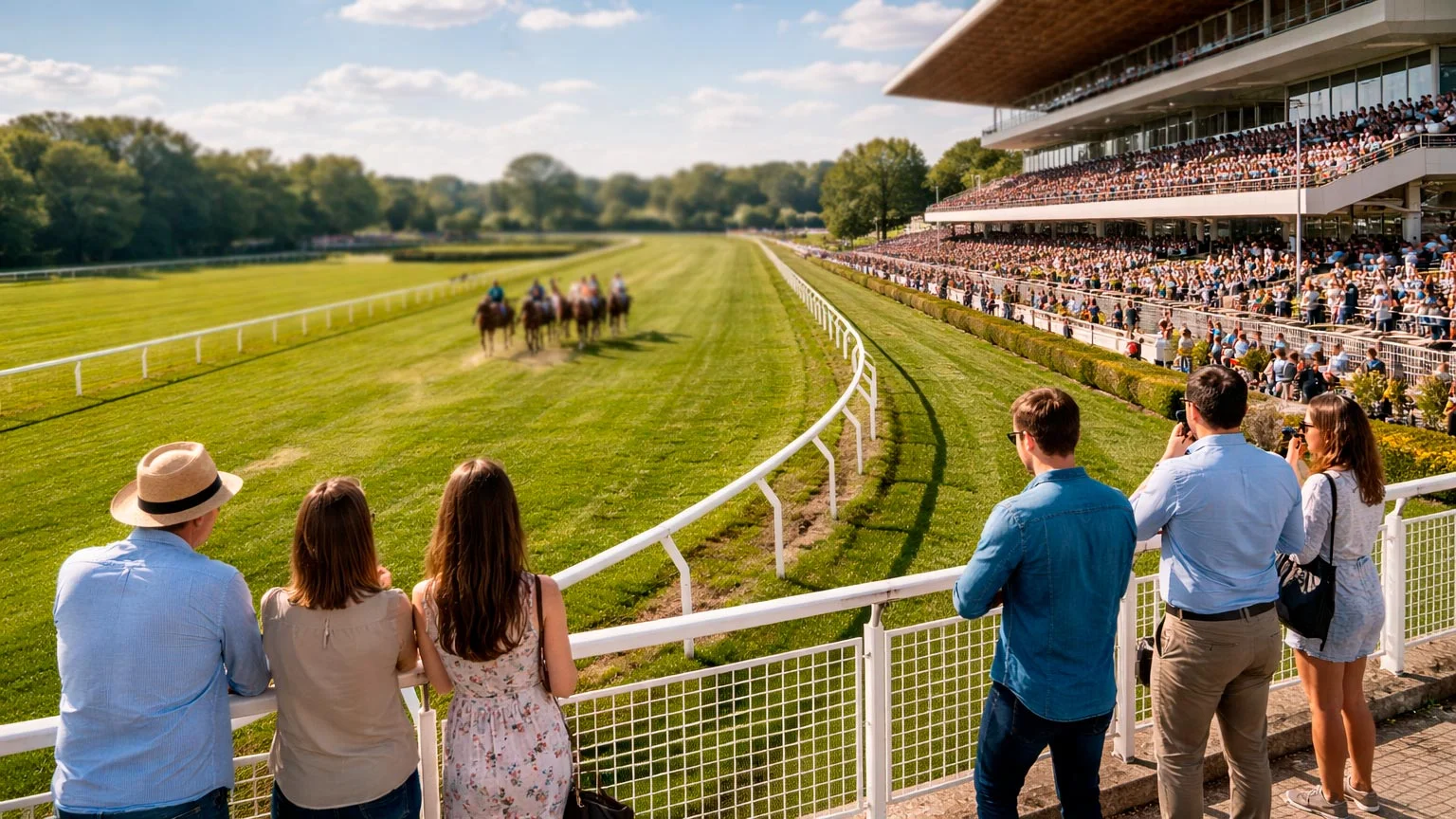 Blick über die Tribüne einer deutschen Pferderennbahn bei sonnigem Wetter mit Zuschauern