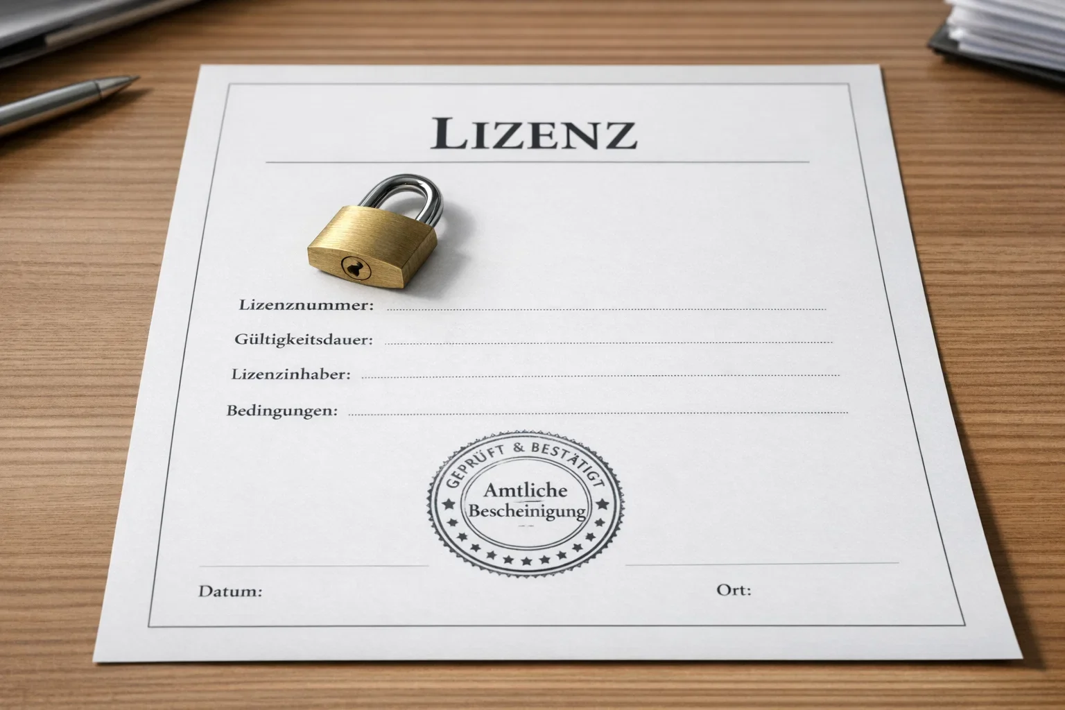 Sicherheitsschloss-Symbol über Lizenz-Dokumenten