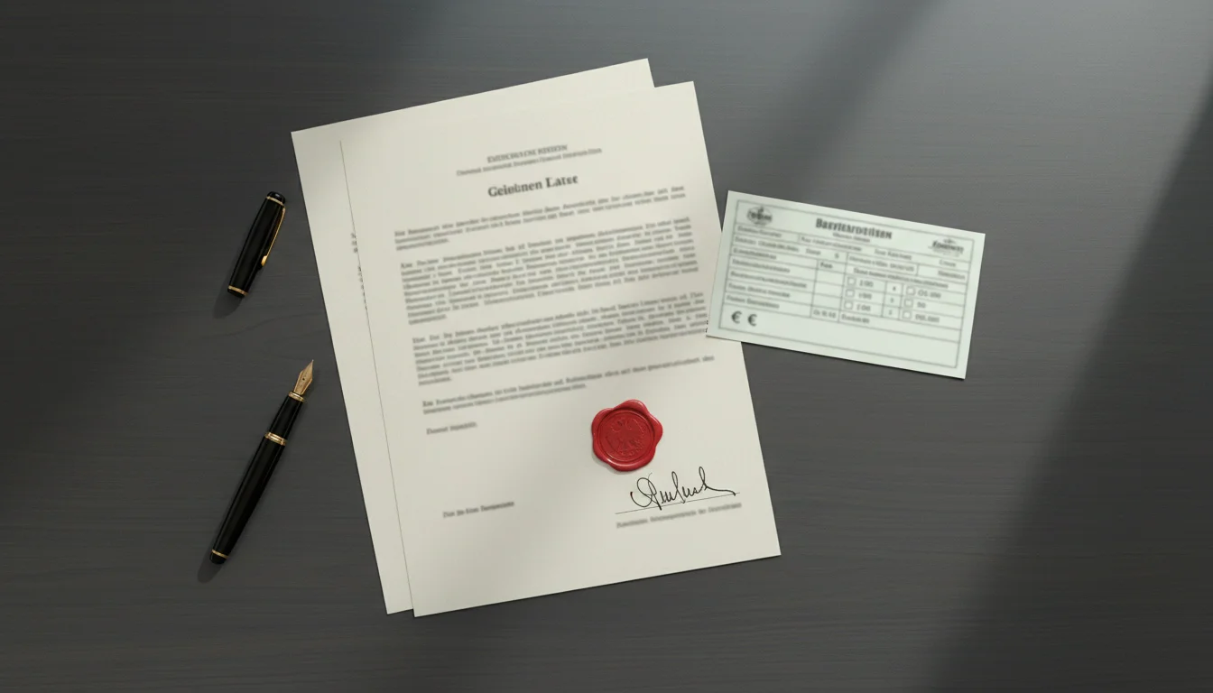 Offizielle Dokumente und ein Stempel auf einem Schreibtisch neben einem Wettschein für Pferderennen