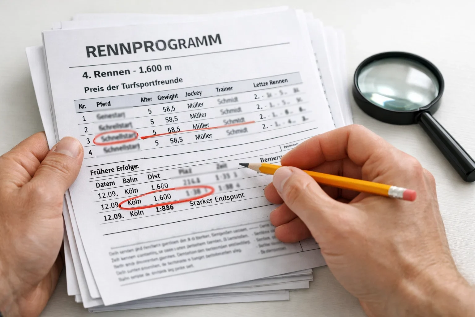 Formanalyse mit Pferdedaten und Statistiken auf Papier