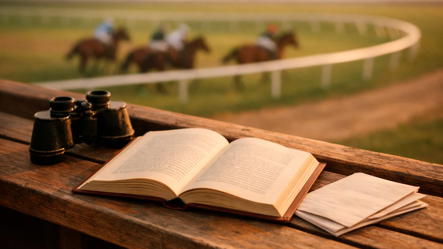 Aufgeschlagenes Buch über Pferderennsport neben einem Fernglas auf einer Rennbahn-Tribüne