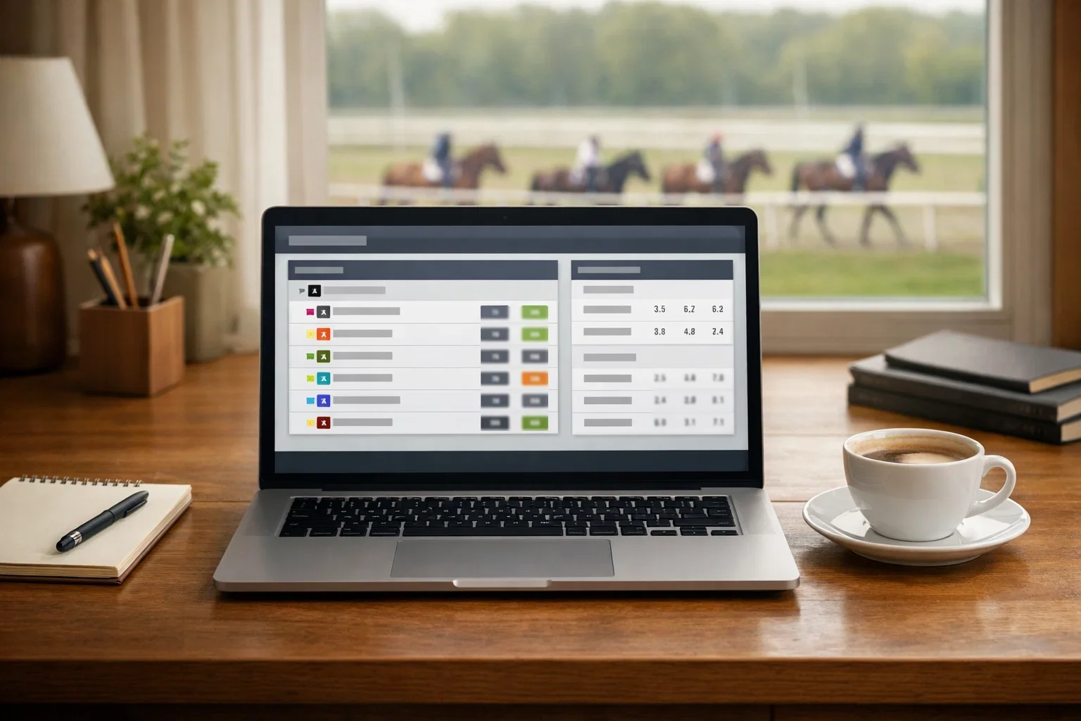 Laptop mit Pferdewetten-Plattform und Rennbahn im Hintergrund