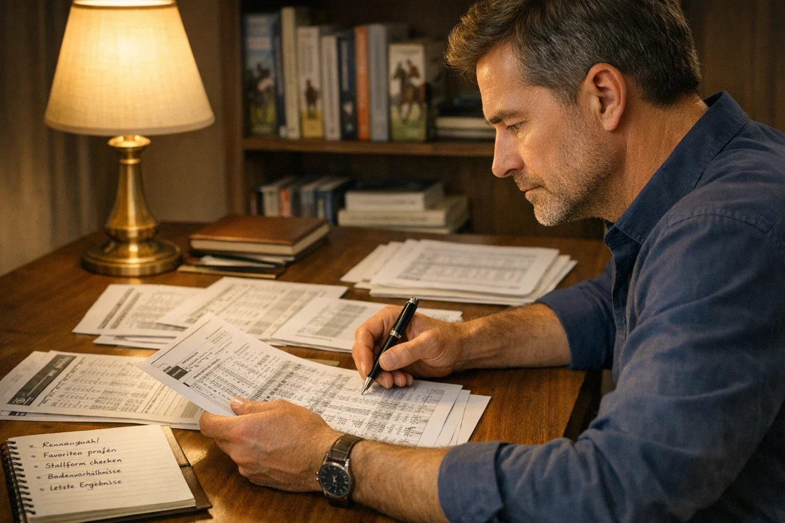 Konzentrierter Wetter analysiert Rennprogramm am Schreibtisch