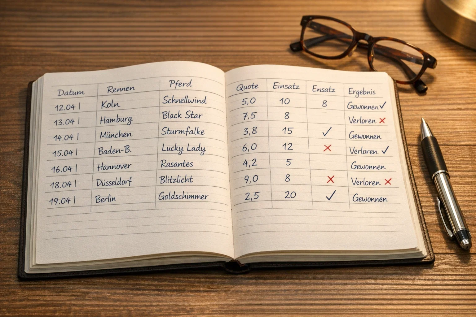 Wett-Protokoll mit handschriftlichen Notizen