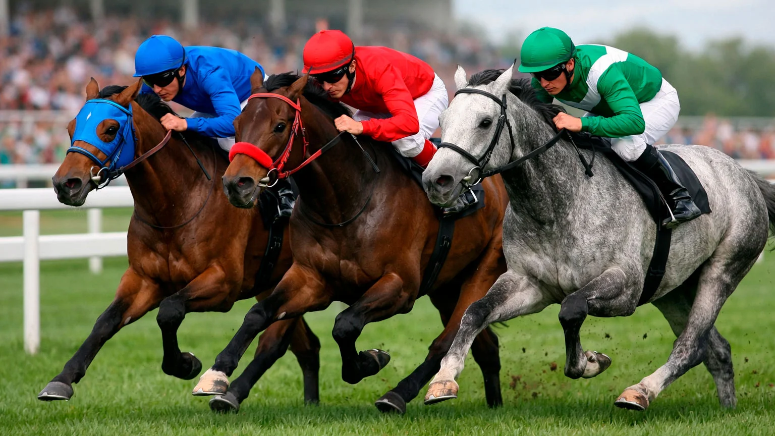 Mehrere Pferde nebeneinander im Galopp auf einer Pferderennbahn