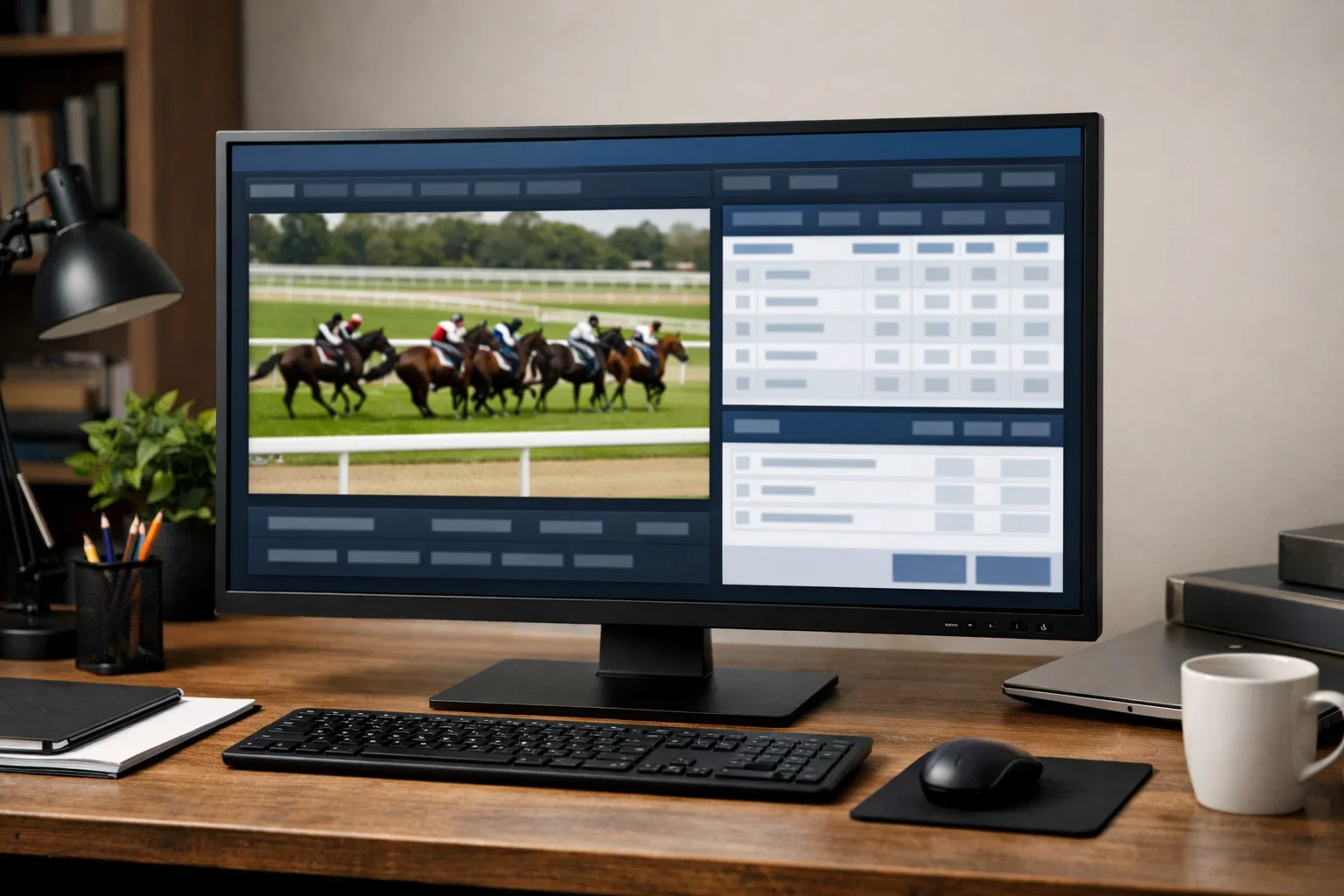 RaceBets Logo auf Bildschirm mit Pferderennen