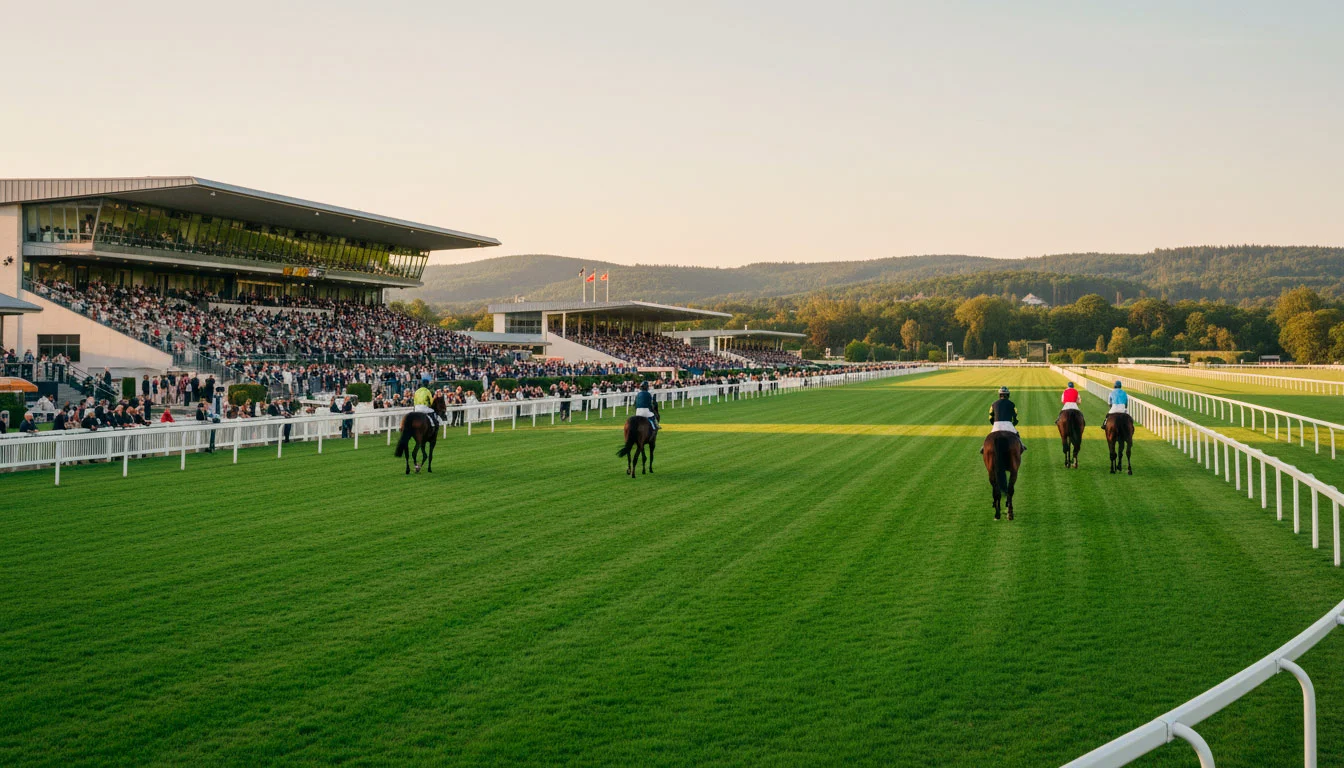 Panorama der Galopprennbahn Iffezheim bei Baden-Baden mit Tribüne und grüner Rasenfläche