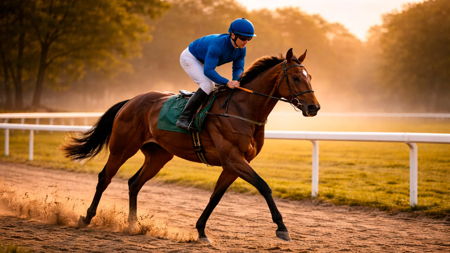 Jockey in bunter Rennkleidung auf einem Rennpferd beim Training auf der Sandbahn am Morgen