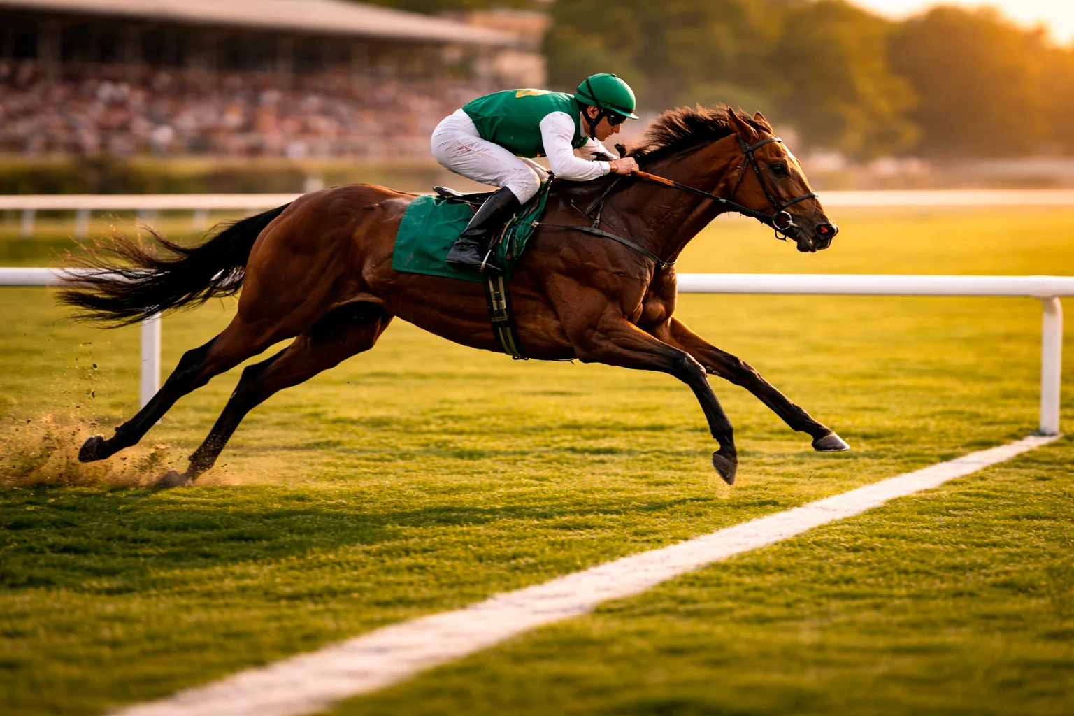 Pferd galoppiert auf der Rennbahn über die Ziellinie bei einem Pferderennen