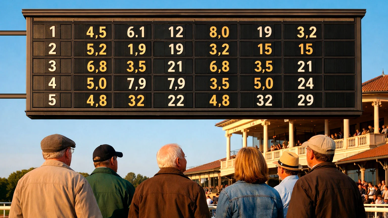 Anzeigetafel mit Wettquoten auf einer deutschen Pferderennbahn