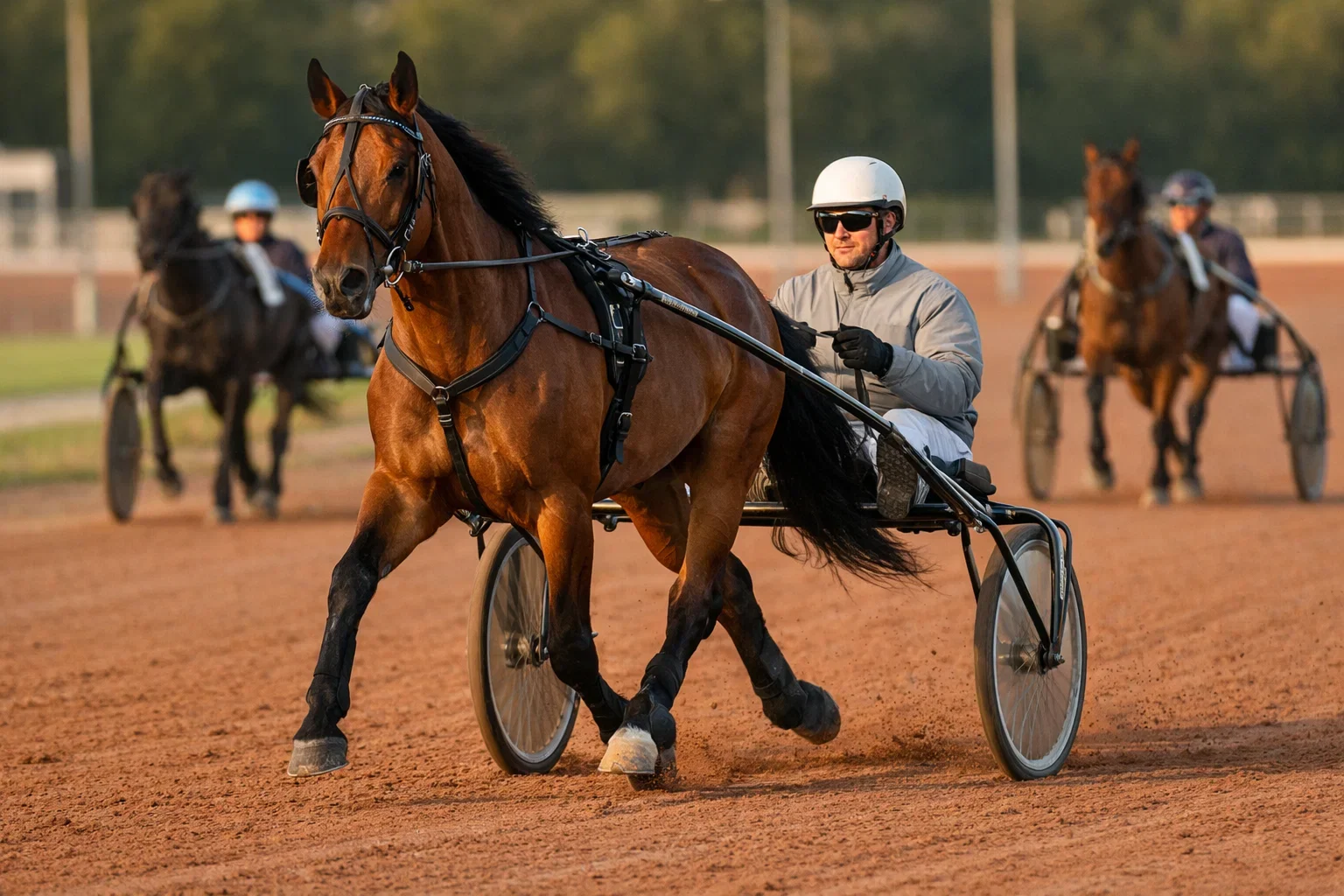 Trabrennen mit Sulky-Fahrer in voller Aktion