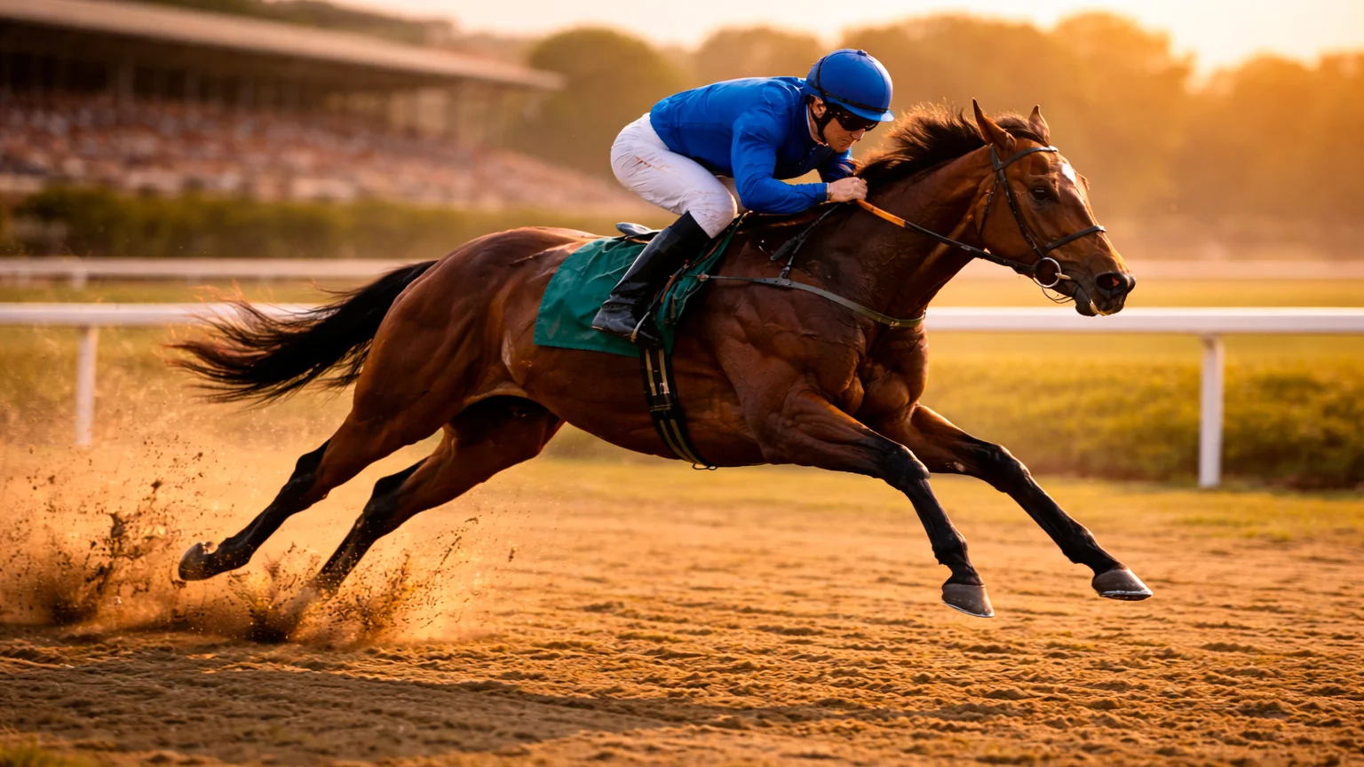 Rennpferd im vollen Galopp auf der Rennbahn mit verschwommenem Publikum im Hintergrund