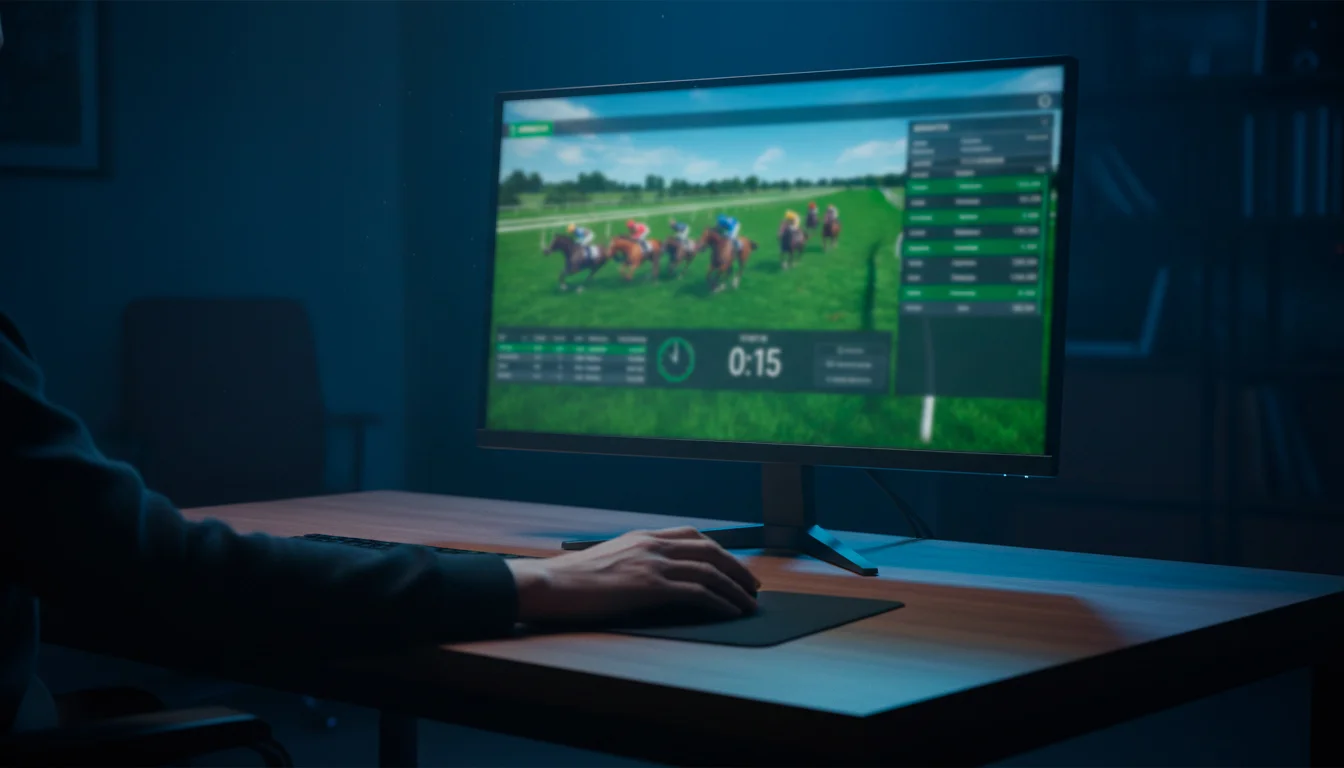 Großer Monitor zeigt eine animierte Pferderennen-Simulation in einem abgedunkelten Raum