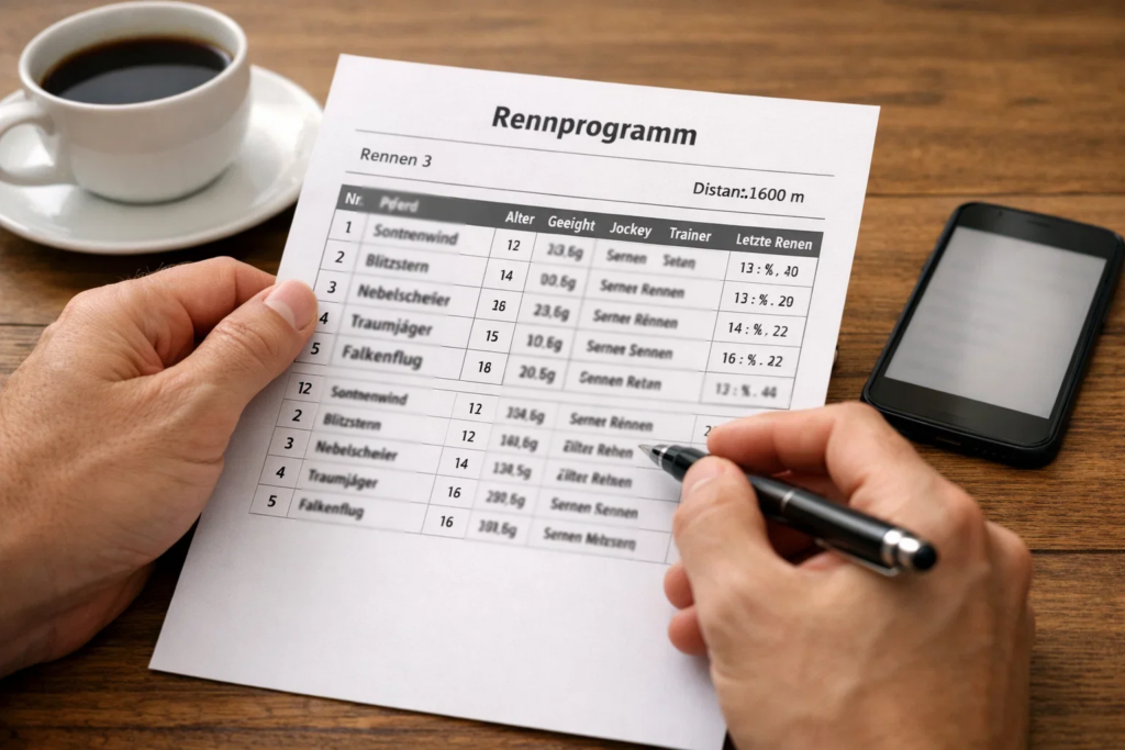 Person analysiert Wettschein mit Pferderennen-Statistiken