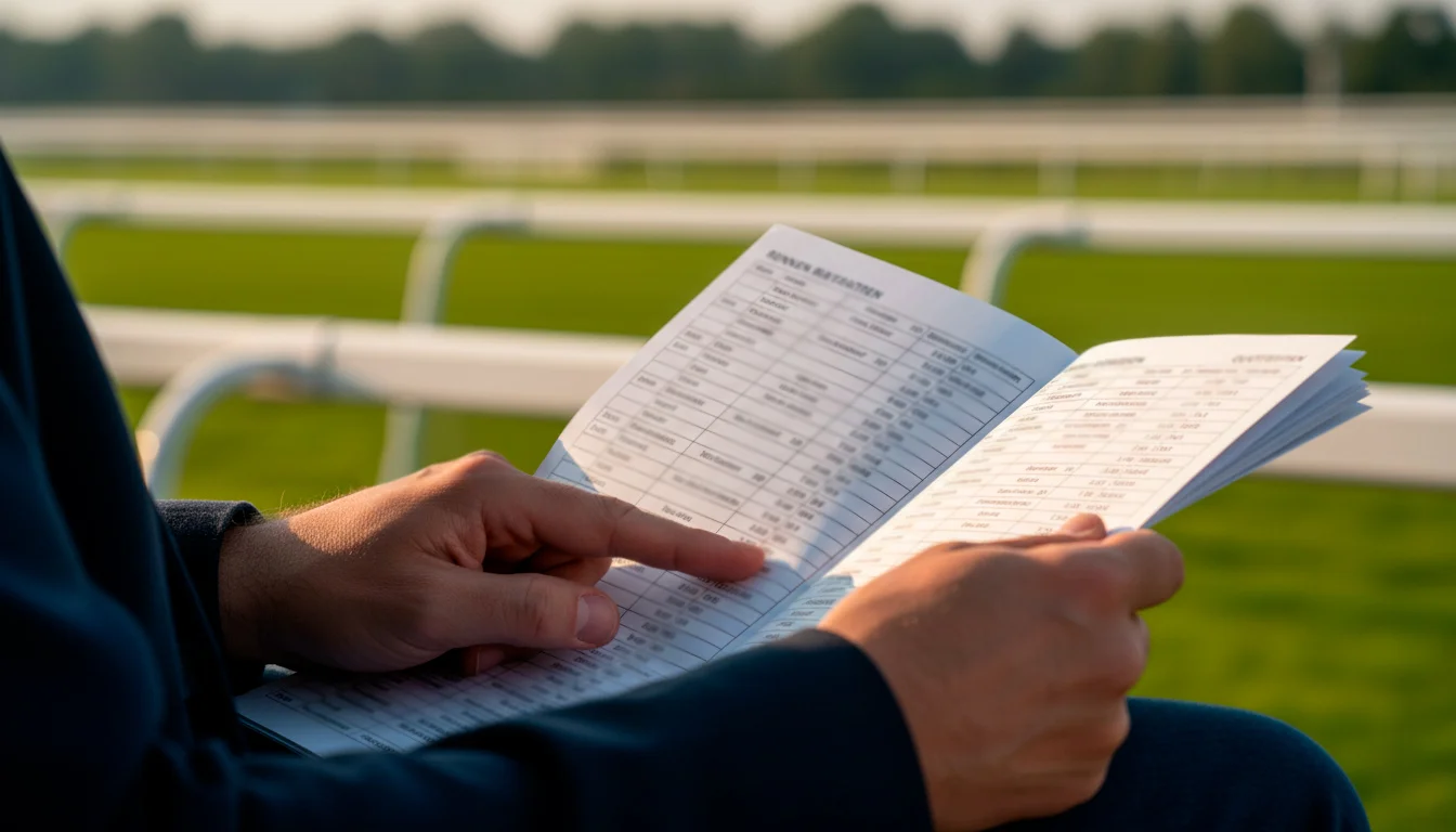 Person studiert Rennprogramm mit Quoten auf einer Pferderennbahn