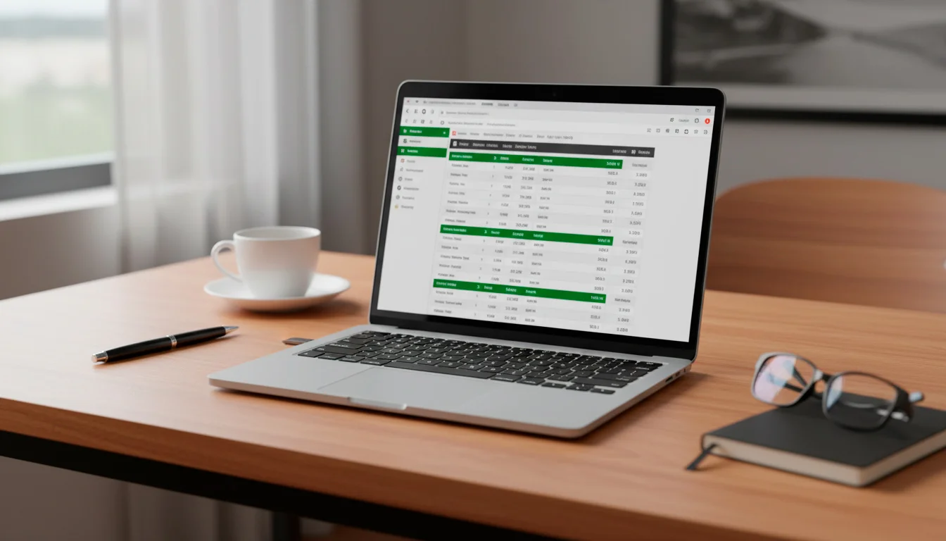 Laptop auf einem Schreibtisch mit geöffneter Pferdewetten-Plattform, daneben ein Notizbuch und Kaffeetasse
