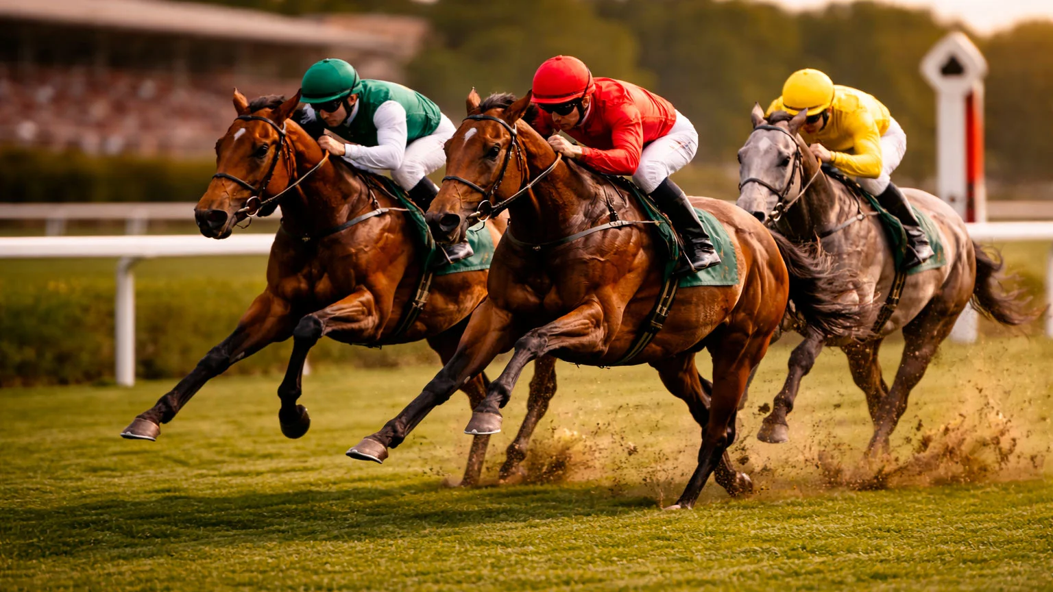 Drei Pferde im engen Zieleinlauf bei einem Pferderennen